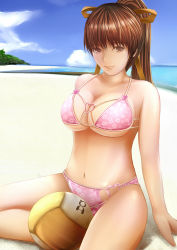 Rule 34 | 1girl, bad id, bad pixiv id, ball, bare shoulders, beach, bikini, breasts, brown eyes, brown hair, cleavage, cloud, day, dead or alive, dead or alive xtreme beach volleyball, female focus, hair ribbon, kasumi (doa), large breasts, nannacy7, nature, navel, outdoors, pink bikini, plant, ponytail, ribbon, sand, sitting, sky, solo, swimsuit, tecmo, underboob, volleyball (object), water, yellow ribbon