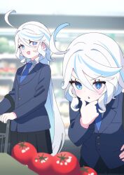 Rule 34 | 2girls, :d, :o, ahoge, black skirt, blazer, blue eyes, blue jacket, blue necktie, blurry, blurry background, collared shirt, curly hair, food, furina (genshin impact), genshin impact, groceries, hair between eyes, hand on own chin, heterochromia, highres, jacket, long hair, long sleeves, mismatched pupils, multicolored hair, multiple girls, necktie, open mouth, pleated skirt, school uniform, shirt, shopping, short hair, skirt, smile, stroking own chin, thinking, tomato, two-tone hair, white hair, white shirt, zenshin