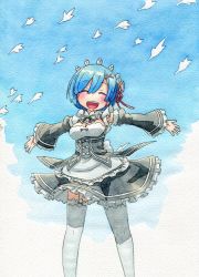 Rule 34 | 10s, 1girl, :d, ^ ^, animal, bird, blue hair, blue sky, breasts, cleavage, closed eyes, cloud, cloudy sky, day, detached sleeves, closed eyes, garter straps, hair over one eye, highres, kawachi koorogi, looking at viewer, maid, maid headdress, marker (medium), open mouth, outstretched arms, re:zero kara hajimeru isekai seikatsu, rem (re:zero), short hair, sky, smile, solo, spread arms, traditional media, white legwear