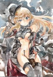 Rule 34 | 1044kiro, 10s, 1girl, absurdres, bad id, bad pixiv id, bare shoulders, bismarck (kancolle), black panties, blonde hair, blue eyes, blush, breasts, brown gloves, covering privates, covering crotch, cowboy shot, gloves, hand on headwear, hat, highres, kantai collection, large breasts, long hair, looking at viewer, machinery, military, military hat, military uniform, millipen (medium), navel, painting (medium), panties, parted lips, peaked cap, solo, thighhighs, torn clothes, torn panties, traditional media, underboob, underwear, uniform, watercolor (medium)
