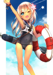 Rule 34 | 10s, 1girl, arm up, bad id, bad pixiv id, blue eyes, blush, crop top, flower, gradient background, hair flower, hair ornament, highres, kantai collection, lifebuoy, long hair, moriki, one-piece swimsuit, one eye closed, open mouth, ro-500 (kancolle), sailor collar, school swimsuit, silver hair, smile, solo, swim ring, swimsuit, swimsuit under clothes, tan, tanline, torpedo
