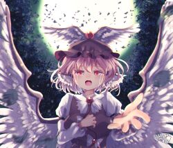Rule 34 | 1girl, animal ears, bird ears, bird wings, blush, brown dress, brown hat, crying, crying with eyes open, dress, feathered wings, full moon, hair between eyes, hat, highres, kemo chiharu, long sleeves, looking at viewer, moon, mystia lorelei, open mouth, pink hair, red eyes, short hair, signature, sleeve garter, solo, tears, touhou, upper body, white wings, winged hat, wings