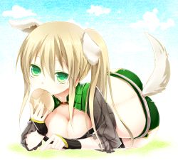 Rule 34 | 1girl, animal ears, bad id, bad pixiv id, blonde hair, breasts, cleavage, dog ears, dog tail, eating, fantasy earth, green eyes, kuu (0427), large breasts, ponytail, solo, tail