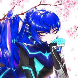 Rule 34 | 0 0c0ff, 1boy, androgynous, arm support, asymmetrical hair, black bodysuit, blue bodysuit, blue hair, bodysuit, branch, cherry blossoms, commentary, eyelashes, head rest, long hair, looking at viewer, lying, male focus, on stomach, protagonist (smtv), shin megami tensei, shin megami tensei v, single sidelock, solo, symbol-only commentary, upper body, yellow eyes
