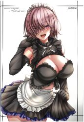 Rule 34 | 1girl, absurdres, apron, bare shoulders, breasts, character name, cleavage, copyright name, elbow gloves, fate/grand order, fate (series), frills, gloves, hair ornament, hair over one eye, hand up, highres, lips, looking at viewer, maid headdress, mash kyrielight, medium breasts, open mouth, pink hair, purple eyes, ribbon, scan, short hair, simple background, skirt, skirt hold, sleeveless, solo, takecha, teeth, upper teeth only, waist apron, white background