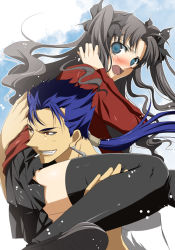 Rule 34 | 00s, 1boy, 1girl, black hair, black thighhighs, blue eyes, blue hair, blush, carrying, cigarette, cu chulainn (fate), cu chulainn (fate/stay night), earrings, embarrassed, fate/stay night, fate (series), grin, hair ornament, jewelry, long hair, miniskirt, nina (pastime), open mouth, pleated skirt, red eyes, shoes, skirt, smile, smoking, thighhighs, tohsaka rin, twintails, two side up, type-moon, zettai ryouiki