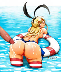 Rule 34 | 10s, 1girl, akairiot, anus, back, blonde hair, breasts, brown eyes, buttjob, cum, cum on ass, disembodied penis, floating, g-string, hairband, hetero, highres, humping, innertube, kantai collection, long hair, looking back, miniskirt, panties, partially submerged, partially visible anus, partially visible vulva, penis, shimakaze (kancolle), skirt, solo, striped clothes, striped thighhighs, swim ring, thighhighs, thong, topless, uncensored, underwear, wet