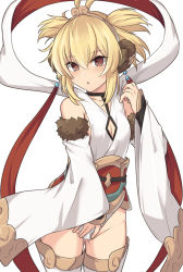 Rule 34 | 1girl, andira (granblue fantasy), animal ears, bare shoulders, blonde hair, blush, breasts, brown eyes, detached sleeves, erune, granblue fantasy, leotard, long sleeves, looking at viewer, monkey ears, monkey girl, monkey tail, obi, open mouth, sash, shiseki hirame, short hair, simple background, small breasts, solo, tail, thighhighs, thighs, two side up, white background, white leotard, white thighhighs, wide sleeves
