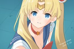 Rule 34 | 1girl, artist name, binchou maguro, bishoujo senshi sailor moon, blonde hair, blue sailor collar, breasts, choker, cleavage, commentary request, crescent, crescent earrings, dated, derivative work, diadem, earrings, hair bun, heart, heart choker, highres, jewelry, long hair, meme, red choker, sailor collar, sailor moon, sailor moon redraw challenge (meme), sailor senshi, sailor senshi uniform, screenshot redraw, single hair bun, solo, tsukino usagi, twintails, upper body