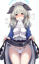Rule 34 | 1girl, absurdres, animal ears, apron, blue archive, blue halo, blue kimono, blush, bright pupils, brown eyes, clothes lift, cowboy shot, gluteal fold, green hair, groin, halo, highres, japanese clothes, kimono, lifting own clothes, long hair, maid, maid apron, maid headdress, panties, simple background, solo, tatsuhiko, tears, umika (blue archive), underwear, wa maid, white apron, white background, white panties, white pupils, wide sleeves