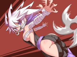 Rule 34 | 1girl, ass, bandages, blue eyes, breasts, cougar (cougar1404), dragon: marked for death, gender request, genderswap, gluteal fold, hair between eyes, kunai, red background, shinobi (dmfd), shuriken, solo, spiked hair, underboob, weapon, white hair
