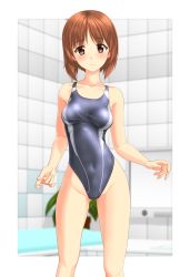 Rule 34 | 1girl, absurdres, bathroom, blue one-piece swimsuit, blurry, breasts, brown eyes, brown hair, collarbone, competition swimsuit, contrapposto, covered navel, cowboy shot, depth of field, girls und panzer, grey one-piece swimsuit, highleg, highleg swimsuit, highres, looking at viewer, medium breasts, nishizumi miho, one-piece swimsuit, parted lips, plant, potted plant, short hair, solo, standing, swimsuit, takafumi, tile wall, tiles