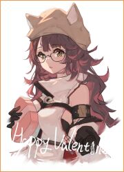 Rule 34 | 1girl, absurdres, airnery, animal ears, animal hat, arknights, bare shoulders, beanie, between breasts, black-framed eyewear, black gloves, border, box, breasts, brown eyes, brown hair, brown hat, commentary request, cropped torso, deepcolor (arknights), deepcolor (melodic portrayal) (arknights), detached sleeves, fake animal ears, gift, gift box, glasses, gloves, hat, heart-shaped box, highres, holding, holding box, long hair, long sleeves, looking at viewer, medium breasts, multicolored hair, official alternate costume, orange border, parted lips, red hair, shirt, simple background, sleeveless, sleeveless shirt, solo, two-tone hair, upper body, valentine, very long hair, white background, white shirt, white sleeves