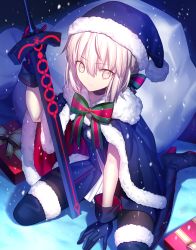 Rule 34 | &gt;:(, 1girl, artoria pendragon (all), artoria pendragon (fate), bad id, bad pixiv id, black gloves, black pantyhose, bow, bowtie, box, cape, closed mouth, excalibur morgan (fate), fate/grand order, fate (series), frown, fur trim, gift, gift box, gloves, grey eyes, hair bow, hat, highres, holding, holding sword, holding weapon, looking at viewer, mashima saki (mashimasa), pantyhose, planted, saber (fate), saber alter, sack, santa alter, santa hat, silver hair, sitting, snow, snowing, solo, striped bow, striped bowtie, striped clothes, striped neckwear, sword, thighhighs, v-shaped eyebrows, wariza, weapon