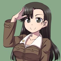 Rule 34 | 10s, 1girl, asymmetrical bangs, black eyes, black hair, brown jacket, chi-hatan military uniform, closed mouth, commentary request, girls und panzer, green background, hanya (hanya yashiki), jacket, long hair, long sleeves, looking at viewer, military, military uniform, nishi kinuyo, portrait, salute, simple background, smile, solo, uniform