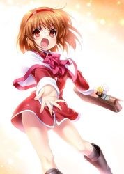 Rule 34 | 1girl, alternate costume, bag, blush, boots, briefcase, brown hair, hairband, holding, jpeg artifacts, kanon, kneehighs, long sleeves, open mouth, outstretched arms, red eyes, rubber boots, school bag, school briefcase, school uniform, short hair, socks, solo, tsukimiya ayu, zen