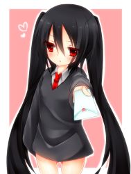 Rule 34 | 1girl, black hair, foreshortening, giving, letter, long hair, love letter, necktie, no pants, original, red eyes, red necktie, religious offering, school uniform, sleeves past wrists, solo, sweater, twintails, very long hair