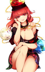 Rule 34 | 1girl, absurdres, bare shoulders, black panties, breasts, chain, choker, cleavage, clothes writing, cowboy shot, earth (ornament), eyelashes, gold chain, hand on own cheek, hand on own face, heart, hecatia lapislazuli, highres, large breasts, lips, long hair, looking at viewer, moon (ornament), multicolored clothes, multicolored skirt, panties, pantyshot, plaid, plaid skirt, raptor7, red eyes, red hair, shirt, sitting, skirt, smile, solo, thighs, touhou, underwear, upskirt