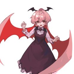Rule 34 | 1girl, :d, absurdres, bat ornament, bat wings, black dress, breasts, commentary, dress, english commentary, eyebrows hidden by hair, funamusea, haiiro teien, hair between eyes, hands up, head wings, highres, kawuyuckie, long hair, long sleeves, looking at viewer, low wings, open mouth, petticoat, pink eyes, pink hair, ponytail, rawberry, red wings, simple background, small breasts, smile, solo, standing, white background, wings