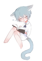 Rule 34 | 1girl, angela (project moon), animal ears, barefoot, blue hair, blue neckerchief, blush, book, cat ears, cat tail, closed eyes, closed mouth, collared dress, dress, floppy ears, highres, holding, holding book, library of ruina, long sleeves, moth ram, neckerchief, project moon, short hair, simple background, sitting, squeans, solo, tail, tongue, tongue out, white background, white dress