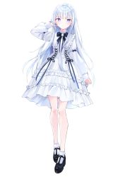 Rule 34 | 1girl, absurdres, blue eyes, earrings, frills, full body, highres, jewelry, long hair, looking at viewer, nabi (uz02), official art, shiratori rena, silver hair, simple background, solo, virtual youtuber, voice-ore, white background