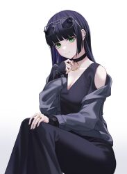 Rule 34 | 1girl, absurdres, black choker, black dress, black hair, blunt bangs, bocchi the rock!, breasts, choker, cleavage, closed mouth, clothing cutout, dress, ear piercing, eyewear on head, green eyes, grey jacket, hashtag-only commentary, highres, invisible chair, jacket, jewelry, large breasts, long hair, long sleeves, looking at viewer, medium breasts, mouth piercing, off shoulder, pa-san, piercing, ring, shoulder cutout, simple background, single bare shoulder, sitting, sleeves past wrists, smile, solo, straight hair, white background, yedeu2