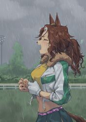 Rule 34 | 1girl, absurdres, animal ears, banpunsik, brown hair, clenched hands, closed eyes, cloud, cloudy sky, commentary request, crop top, crying, from side, fur-trimmed jacket, fur trim, gloves, highres, horse ears, jacket, long hair, long sleeves, mejiro palmer (umamusume), midriff, navel, outdoors, ponytail, profile, rain, shirt, single glove, sky, solo, stomach, tail, umamusume, upper body, white gloves, white jacket, yellow shirt