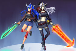 Rule 34 | 2girls, bare legs, belt, black belt, black footwear, black jacket, black skirt, blue hair, blue shorts, blunt bangs, boots, breasts, brown belt, brown jacket, cacodemon, commentary, cosplay request, cropped jacket, crucible (doom), cuffs, cyclops, doom (series), doom eternal, energy sword, english commentary, fate (series), frown, full body, fur collar, glowing, glowing sword, glowing weapon, green eyes, hand on own hip, hexen, high heel boots, high heels, highres, hime cut, holding, holding sword, holding weapon, horns, jacket, long hair, long sleeves, medium breasts, midriff, monster girl, multiple girls, multiple horns, navel, one-eyed, open clothes, open jacket, pale skin, pencil skirt, personification, pointy ears, scales, shoes, shorts, side slit, silver hair, skirt, split mouth, strapless, substance20, sword, thigh boots, thighhighs, tube top, weapon, yellow eyes, zettai ryouiki, zipper