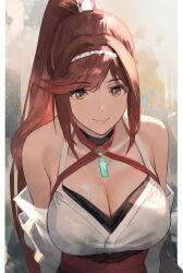 Rule 34 | 1girl, bare shoulders, breast focus, breasts, chest jewel, cleavage, close-up, core crystal (xenoblade), criss-cross halter, dark red hair, detached sleeves, glimmer (xenoblade), halterneck, high ponytail, highres, j@ck, japanese clothes, kimono, large breasts, long hair, looking at viewer, ponytail, red hair, revision, smile, solo, swept bangs, white kimono, wide sleeves, xenoblade chronicles (series), xenoblade chronicles 3, xenoblade chronicles 3: future redeemed
