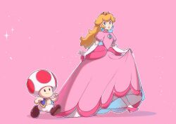Rule 34 | 1boy, 1girl, absurdres, bad link, blonde hair, blue eyes, blue vest, boots, brooch, brown footwear, clenched hands, crown, dress, earrings, elbow gloves, full body, gloves, high heels, highres, jewelry, light smile, long hair, mario (series), nintendo, pink background, pink dress, pink footwear, princess peach, puffy short sleeves, puffy sleeves, red toad (mario), saiwo (saiwoproject), short sleeves, simple background, sphere earrings, super mario bros. 1, toad (mario), vest, white gloves