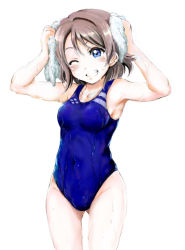 Rule 34 | 10s, 1girl, bad id, bad pixiv id, blue eyes, blush, breasts, brown hair, competition swimsuit, covered navel, grin, looking at viewer, love live!, love live! sunshine!!, minami074, one-piece swimsuit, short hair, smile, solo, standing, swimsuit, towel, watanabe you, wet, wet clothes, wet swimsuit