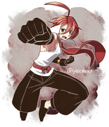 Rule 34 | 1boy, adell (disgaea), ahoge, black eyes, black gloves, black pants, clenched hand, clenched hands, disgaea, elbow gloves, full body, gloves, grey background, makai senki disgaea 2, male focus, necktie, open mouth, pants, red hair, shirt, shoes, sleeveless, sleeveless shirt, solo, twitter username, yu (kaburimono ex)