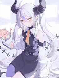 Rule 34 | 1girl, absurdres, ahoge, bare shoulders, black horns, braid, braided bangs, cellphone, grey hair, highres, holding, holding phone, hololive, horns, kazama iroha, la+ darknesss, la+ darknesss (1st costume), long hair, looking at viewer, multicolored hair, murasaki shiro, phone, pointy ears, purple hair, purple thighhighs, single thighhigh, smartphone, solo, streaked hair, striped horns, thighhighs, virtual youtuber, yellow eyes