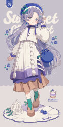 Rule 34 | 1girl, absurdres, artist name, bag, blue bag, blue hat, blueberry, blush, brown footwear, brown skirt, cake, coat, commentary, dot nose, earrings, english text, food, fruit, full body, green socks, grey background, hair ornament, hairclip, hand in own hair, hat, highres, jewelry, light purple hair, loafers, long coat, long hair, looking at viewer, original, parted bangs, personification, plate, pleated skirt, purple background, purple coat, purple eyes, shiraho (color-56), shoes, signature, simple background, skirt, smile, socks, white coat