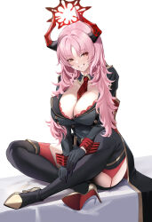 Rule 34 | 1girl, black footwear, black gloves, blue archive, blush, boots, breasts, full body, gloves, high heels, highres, horns, large breasts, liu liaoliao, long sleeves, looking at viewer, mole, mole on breast, necktie, parted lips, pink hair, red eyes, red garter straps, red necktie, red soles, red thighhighs, satsuki (blue archive), sitting, smile, solo, stiletto boots, stiletto heels, teeth, thigh boots, thighhighs, thighhighs under boots, thighs, white background