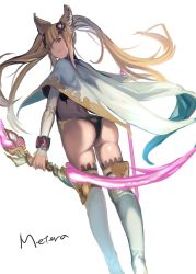 Rule 34 | 10s, 1girl, :q, animal ears, ass, black panties, blunt bangs, boots, bow (weapon), brown eyes, brown hair, cape, erune, from behind, granblue fantasy, hair ornament, highres, holding, holding bow (weapon), holding weapon, long hair, looking at viewer, looking back, metera (granblue fantasy), mole, mole under mouth, panties, solo, thigh boots, thighhighs, three k (spiritus no honoo), tongue, tongue out, twintails, underwear, weapon, white footwear