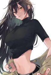 Rule 34 | 1girl, belt, black belt, black hair, black shirt, breasts, brown jacket, brown pants, ear piercing, hair between eyes, highres, holding, holding clothes, idolmaster, idolmaster shiny colors, jacket, jewelry, large breasts, long hair, long sleeves, looking at viewer, nasu bacon, navel, off shoulder, open mouth, pants, piercing, ring, shirase sakuya, shirt, shirt rolled up, simple background, solo, undressing, white background, yellow eyes