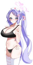 Rule 34 | 1girl, absurdres, bikini, black bikini, blue archive, blue eyes, blush, breasts, cleavage, cowboy shot, hanae (blue archive), highres, large breasts, long hair, looking at viewer, purple hair, showtime775, simple background, solo, swimsuit, thighhighs, white background, white thighhighs