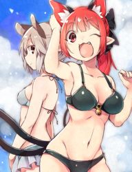 Rule 34 | 2girls, akagashi hagane, alternate hairstyle, animal ears, arm up, bad id, bad pixiv id, bell, bikini, blue sky, breasts, cat ears, cat tail, cleavage, cloud, day, extra ears, fang, gradient background, grey hair, hair ornament, hair ribbon, kaenbyou rin, looking at viewer, looking down, midriff, mouse ears, mouse tail, multiple girls, multiple tails, navel, nazrin, one eye closed, open mouth, panties, pointy ears, ponytail, profile, red eyes, red hair, ribbon, sky, smile, swimsuit, tail, touhou, underwear