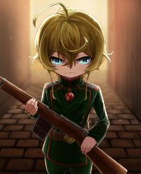 Rule 34 | 10s, 1girl, absurdres, ahoge, blonde hair, child, closed mouth, cowboy shot, flat chest, gun, highres, holding, long sleeves, looking at viewer, military, military uniform, rorimo, short hair, solo, standing, tanya degurechaff, uniform, weapon, youjo senki