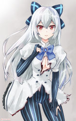 Rule 34 | 1girl, black bow, black pantyhose, blue bow, blue stripes, blush, bow, bowtie, breasts, burnt clothes, buttons, cleavage, closed mouth, commentary request, cowboy shot, dress, elbow gloves, eyelashes, frilled dress, frills, girls&#039; frontline, gloves, grey background, hair bow, hand on own chest, hand on own thigh, hand up, highres, juliet sleeves, long hair, long sleeves, no bra, pantyhose, partially fingerless gloves, puffy sleeves, rasen manga, red eyes, short sleeves, small breasts, solo, striped bow, striped clothes, striped gloves, striped pantyhose, tokarev (girls&#039; frontline), torn clothes, tsurime, twitter username, vertical-striped clothes, vertical-striped gloves, vertical-striped pantyhose, very long hair, white dress, white hair
