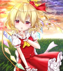 Rule 34 | 1girl, arm up, ascot, blonde hair, blurry, blush, cloud, commentary request, contrapposto, depth of field, finger to mouth, fingernails, flandre scarlet, gradient sky, grass, hair between eyes, hair blowing, hair ribbon, highres, looking at viewer, nail polish, no headwear, nyanyanoruru, outdoors, petticoat, puffy short sleeves, puffy sleeves, red eyes, red nails, red ribbon, red skirt, red vest, ribbon, sharp fingernails, shirt, short sleeves, side ponytail, skirt, sky, smile, solo, standing, sunset, touhou, vest, white shirt, wind, wind lift, wrist cuffs, yellow ascot