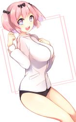 Rule 34 | 10s, 1girl, :d, black bow, black buruma, blue eyes, blush, bow, breasts, buruma, commentary request, flower-shaped pupils, hair bow, hand on own chest, hands up, hibari (senran kagura), highres, jacket, large breasts, leafwow, long sleeves, looking at viewer, open mouth, pink hair, senran kagura, smile, solo, symbol-shaped pupils, two side up, white jacket