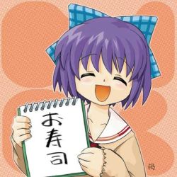 Rule 34 | 1girl, artist name, bow, checkered bow, checkered clothes, commentary, closed eyes, hair bow, holding, holding sketchbook, hone (boneta hone), kouzuki mio, long sleeves, lowres, one - kagayaku kisetsu e, open mouth, purple hair, school uniform, short hair, sign, signature, sketchbook, sleeves past wrists, smile, solo, translated, upper body
