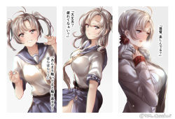 Rule 34 | 1girl, alternate costume, alternate hairstyle, bad id, bad pixiv id, belt, blush, breasts, closed mouth, coat, commentary request, gradient background, green eyes, grey hair, hair tie, juurouta, kantai collection, kinugasa (kancolle), large breasts, long hair, looking at viewer, multiple views, neckerchief, necktie, open mouth, ponytail, remodel (kantai collection), sailor collar, school uniform, serafuku, short twintails, sweater, thighhighs, translation request, twintails, twitter username, winter clothes, yellow neckwear