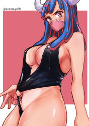 Rule 34 | aosora2823, black one-piece swimsuit, blue hair, blush, border, breasts, cleavage, clothes pull, highres, large breasts, looking at viewer, mask, medium hair, multicolored hair, one-piece swimsuit, one-piece swimsuit pull, one piece, pink background, pink eyes, pink hair, simple background, swimsuit, two-tone hair, ulti (one piece), white border
