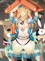 Rule 34 | 1girl, alice (alice in wonderland), alice in wonderland, animal, arms up, bad id, bad pixiv id, blonde hair, blush, rabbit, deer, dress, evers, closed eyes, long hair, open mouth, pantyhose, smile, solo, suitcase