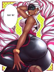 Rule 34 | 1girl, absurdly long hair, absurdres, arms (game), ass, blue eyes, bracelet, curvy, dark-skinned female, dark skin, domino mask, drill hair, earrings, female focus, highres, jewelry, leggings, lips, lipstick, long hair, looking at viewer, makeup, mask, nail polish, nintendo, nisego, parted lips, pink hair, pink nails, red lips, solo, speech bubble, thick thighs, thighs, tights, twin drills, twintails, twintelle (arms), very long hair, white hair, yellow background