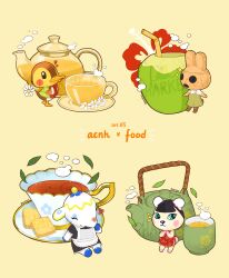 Rule 34 | 4girls, :3, ^ ^, absurdres, animal crossing, apron, artist name, bear girl, black dress, black hair, blush, blush stickers, book, china dress, chinese clothes, closed eyes, closed mouth, coco (animal crossing), coconut, coconut cup, commentary request, cookie, cup, dress, drinking straw, duck girl, elephant girl, floral print, flower, food, furry, furry female, green dress, green shirt, hand up, heart, hibiscus, highres, holding, holding book, leaf, looking at viewer, maid, molly (animal crossing), multiple girls, nintendo, notice lines, pekoe (animal crossing), pinafore dress, rabbit girl, red dress, saucer, sharkbooi, shirt, short sleeves, simple background, sleeveless, sleeveless dress, smile, sparkle, steam, tea, tea leaves, teacup, teapot, tia (animal crossing), twitter username, waist apron, white apron, white flower, white shirt, yellow background, yunomi