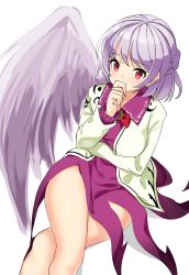 Rule 34 | 1girl, blush, bow, bowtie, brooch, covered mouth, crossed legs, dress, feathered wings, grey wings, half updo, highres, hitotsuki nebura, jacket, jewelry, kishin sagume, long sleeves, looking at viewer, one-hour drawing challenge, open clothes, open jacket, purple dress, red bow, red bowtie, red eyes, silver hair, single wing, sitting, solo, touhou, wings
